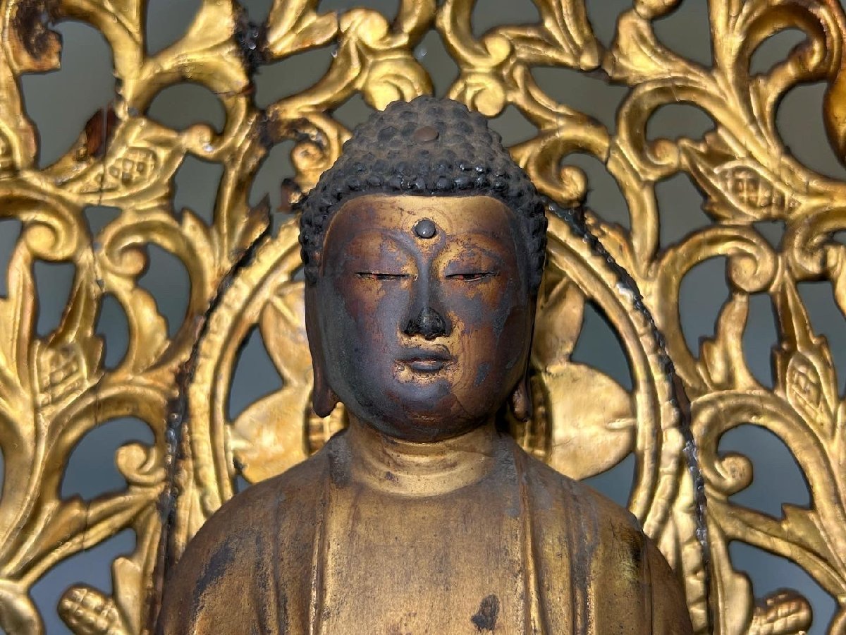 京全】時代物 木彫玉眼入釈迦如来立像 仏像 木彫 塗金 細密彫刻