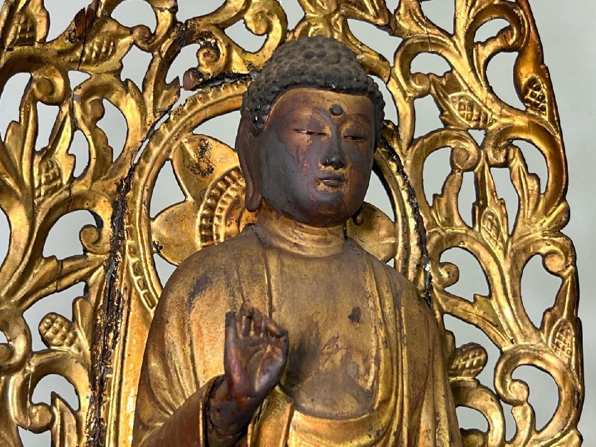 京全】時代物 木彫玉眼入釈迦如来立像 仏像 木彫 塗金 細密彫刻