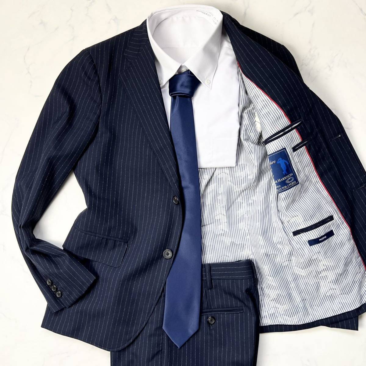 A18 J.PRESS〈アーサーハリソン生地〉スーツ セットアップ ストライプ ウール ネイビー YA4 S ジェイプレス