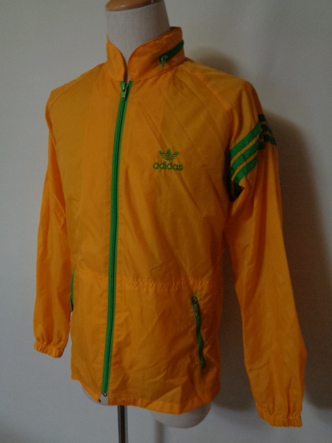 70～80s ヴィンテージ デサント製 adidas/アディダス*M ロゴ刺繍 ジップアップ ナイロンジャケット フード付 黄色