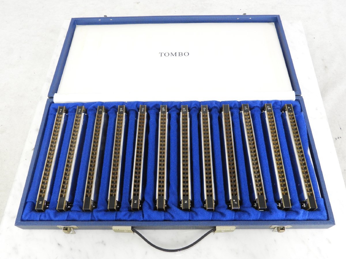 中古TOMBO ハーモニカ２１穴 12本セット ケース付き① ☆ TOMBO トンボ BAND Deluxe 21TONES ハーモニカ 12本セット ケース付