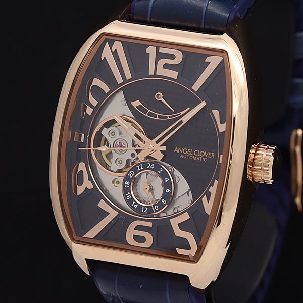 1円 稼働 良品 箱付 エンジェルクローバー AT/自動巻 DPA38 ネイビー×スケルトン文字盤 裏スケ 22石 トノー メンズ腕時計 9933000SMD