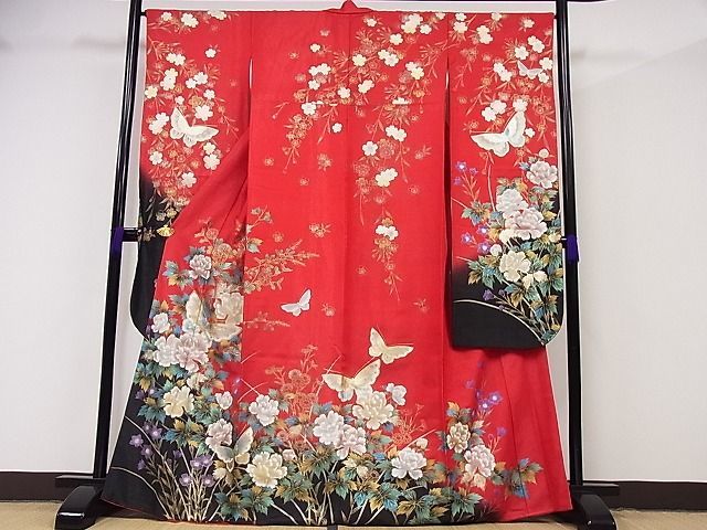 振袖 身丈163.5cm 裄丈68cm L 袷 落款 扇 草花 金糸 金銀彩 茶色 正絹