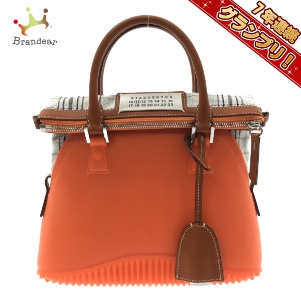 メゾンマルジェラ Maison Margiela ハンドバッグ 5AC ミニ ラバー×キャンバス×レザー オレンジ×アイボリー×マルチ チェック柄 美品