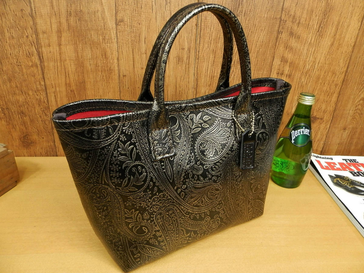 ☆特注カラー☆黒金ブラック×ゴールドのペイズリー柄レザーの