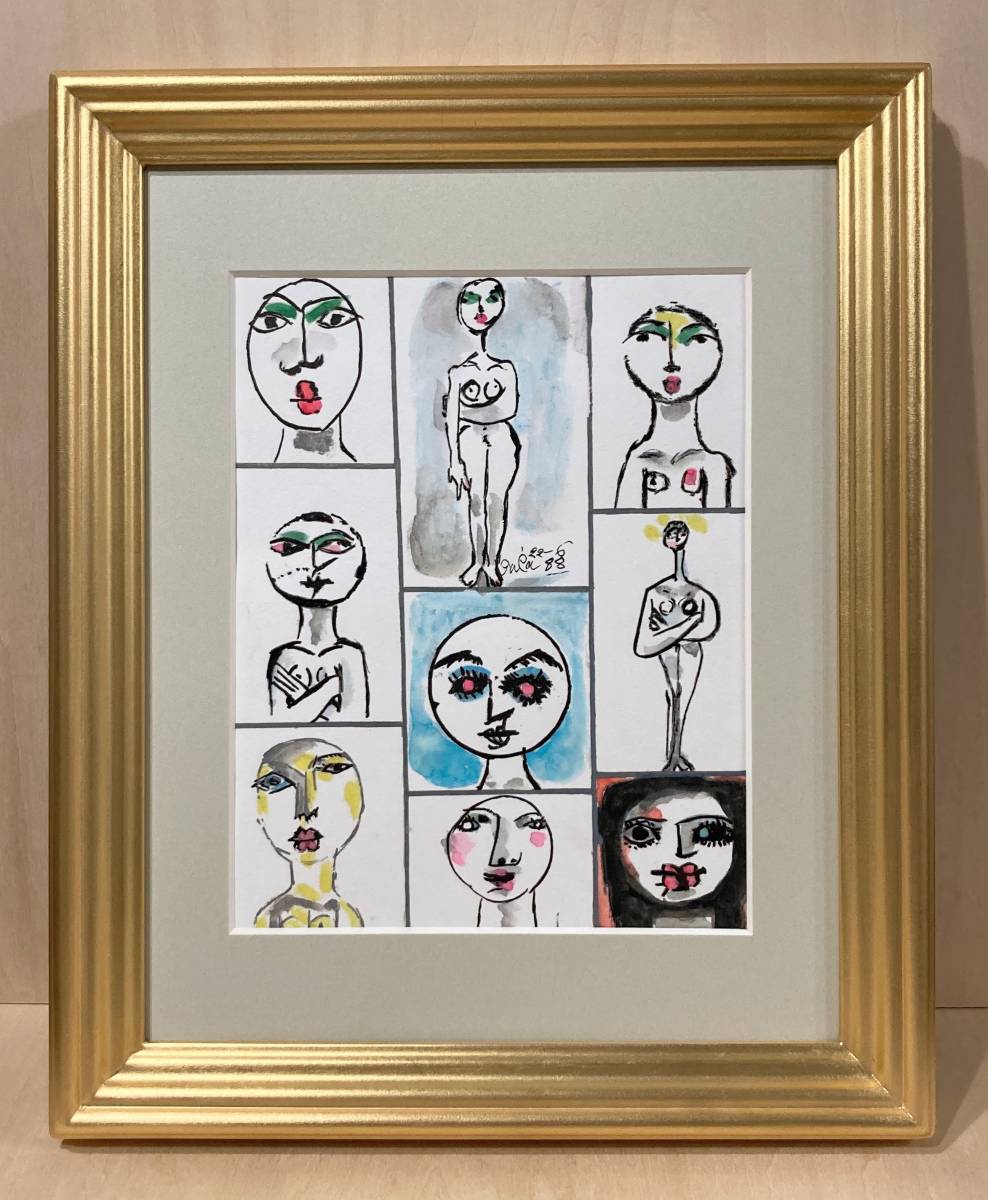 真作』猪熊弦一郎「FACESと裸婦」額装 ○墨画・彩色作品 直筆サイン