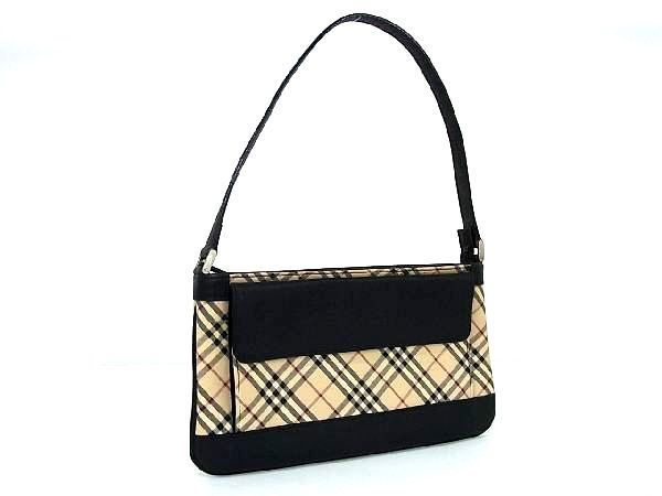 1円 BURBERRY バーバリー キャンバス×レザー チェック柄 ワンショルダーバッグ ハンドバッグ 肩掛け ベージュ系×ブラック系 AQ4097