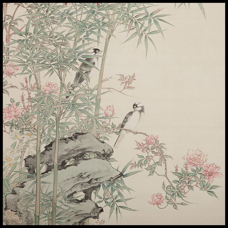 五】藤幾鶴舟 花鳥図 真作 絹本 彩色 掛軸 箱付