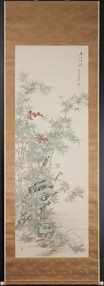 五】藤幾鶴舟 花鳥図 真作 絹本 彩色 掛軸 箱付