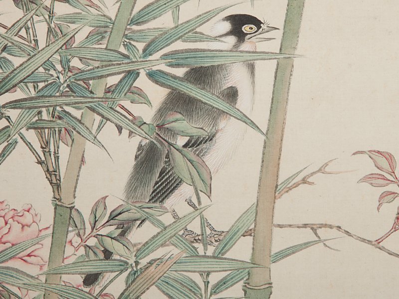 五】藤幾鶴舟 花鳥図 真作 絹本 彩色 掛軸 箱付