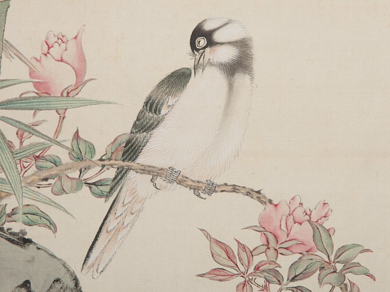 五】藤幾鶴舟 花鳥図 真作 絹本 彩色 掛軸 箱付