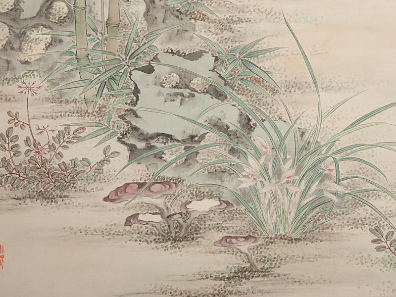 五】藤幾鶴舟 花鳥図 真作 絹本 彩色 掛軸 箱付