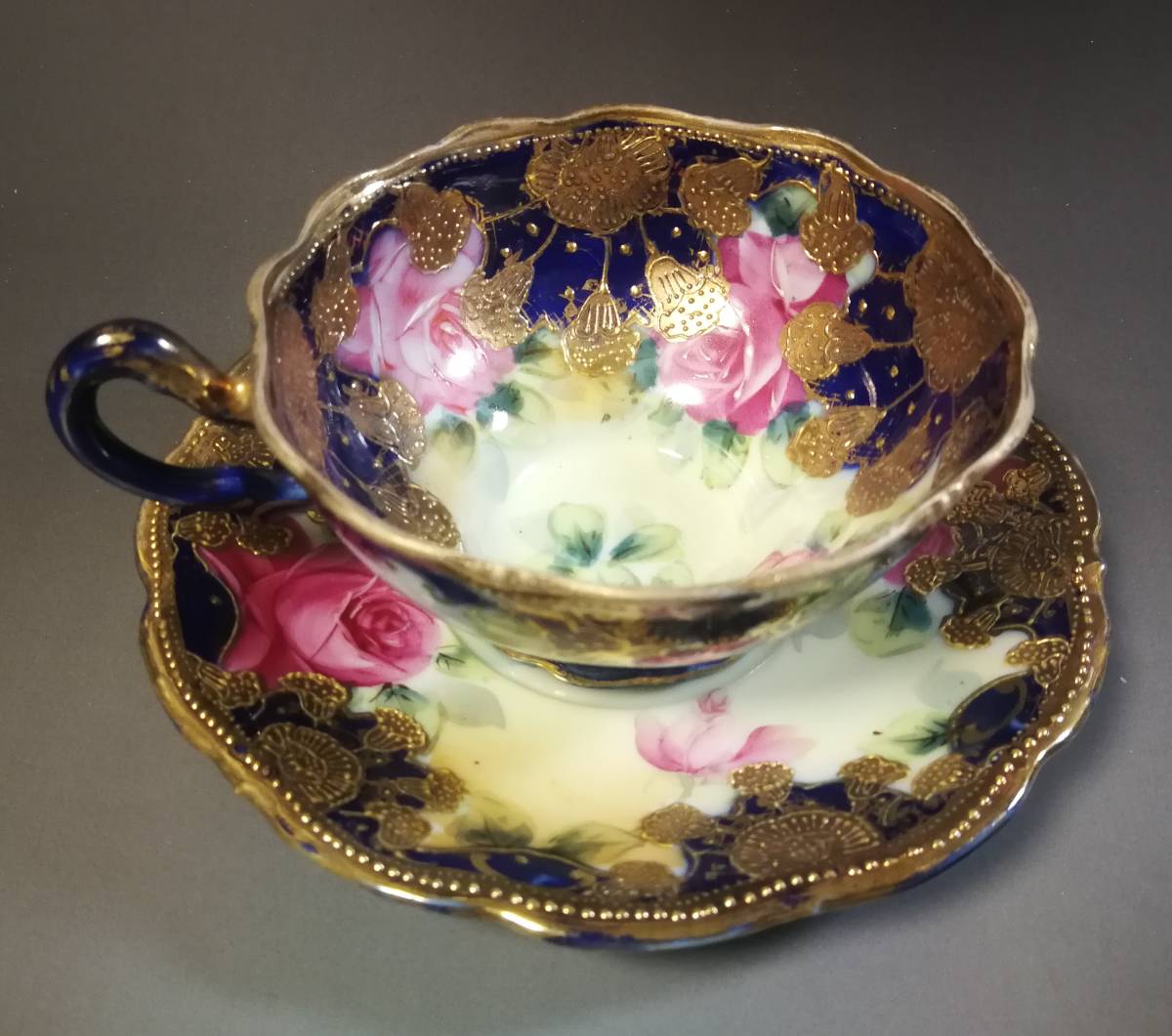 オールドノリタケ 金盛上・コバルト薔薇図紋 カップソーサー2客セット