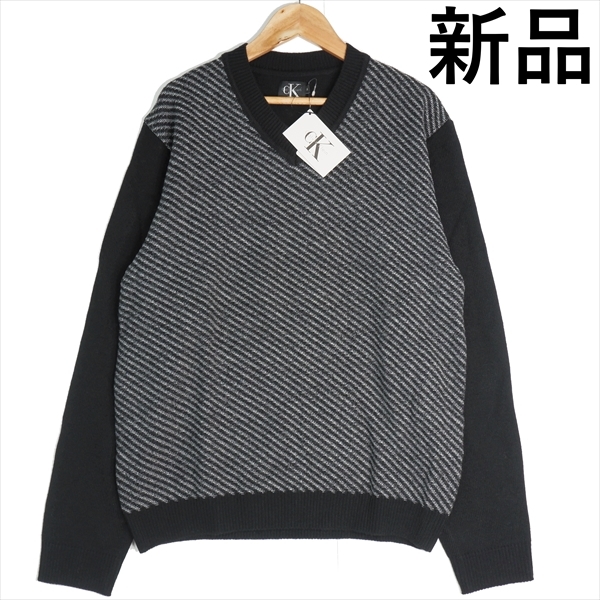 ◆新品 タグ付き◆ Calvin Klein カルバンクライン ウール混 長袖 ニット セーター 黒 白 メンズ M ◆送料無料 秋冬◆ 3393i1