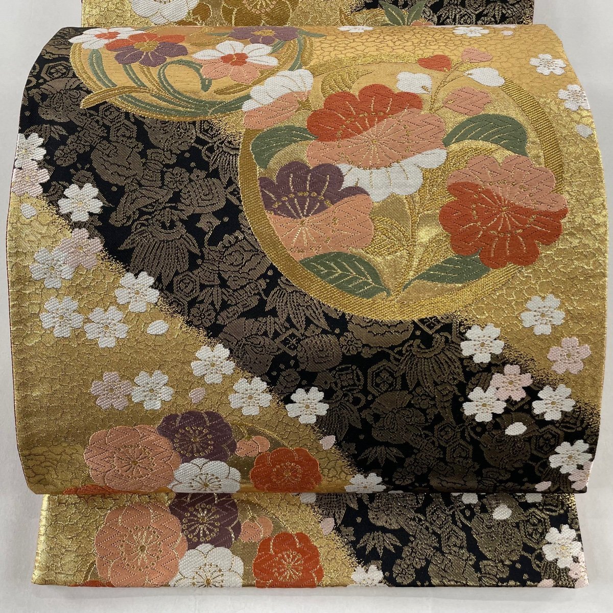 袋帯 秀品 桐 花唐草 唐織 箔 深緑 六通 正絹 中古 袋帯 秀品