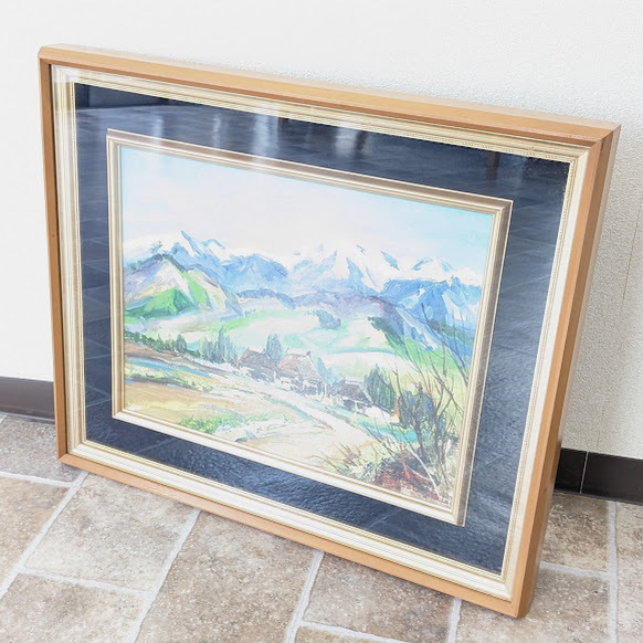 3567】尾身周三 油絵 絵画 山 畑 民家 青空 晴天 風景 景色 花 美術 絵