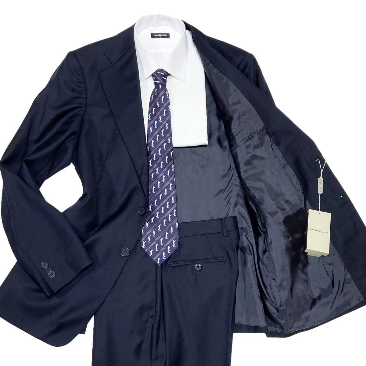 未使用 EMPORIO ARMANI カシミヤ混 スーツ セットアップ 大きいサイズ ウール 毛 カシミア ネイビー エンポリオアルマーニ タグ付 52