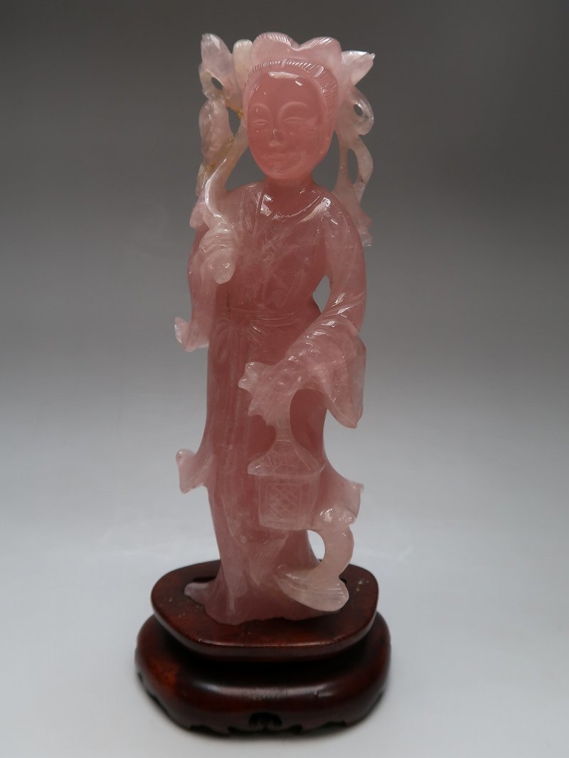 集】092707水晶石彫刻 仕女置物 ピンク水晶 唐木台 中国美術工芸品 置物