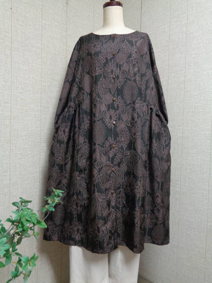 ★blue-sky/古布/着物リメイク/正絹・大島紬/2ウエイ・サイドギャザー・チュニックワンピース/ハンドメイド★