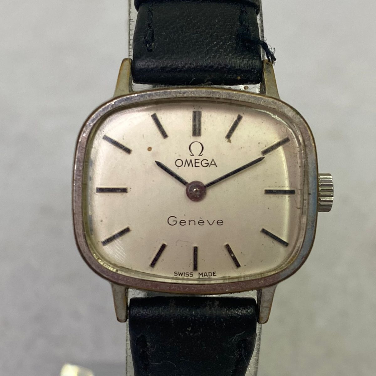 C329-K18-4573 ◎ OMEGA Geneve オメガ ジュネーブ 手巻き シルバー文字盤 純正ベルト スクエア レディース 腕時計 稼動 ②