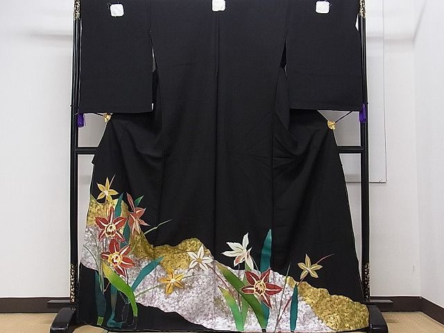 平和屋1□豪華黒留袖 手描き 草花文 金銀彩 上代55万 仮