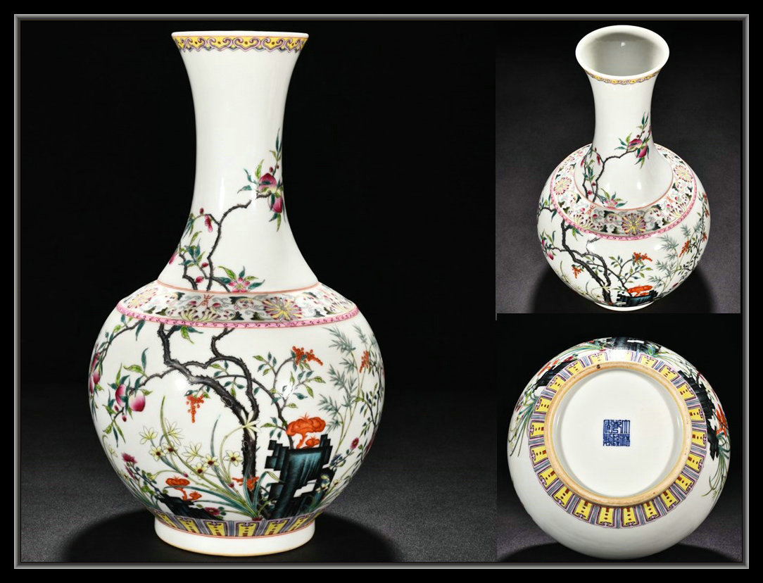 中国 骨董品 大清乾隆年製 粉彩鳳凰花唐草文 瓶 【多