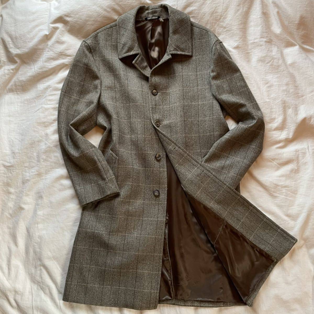 【幻の逸品】ブルックスブラザーズ×ロロピアーナ ステンカラーコート ロングコート L位 チェック柄 ウール ツイード イタリア製