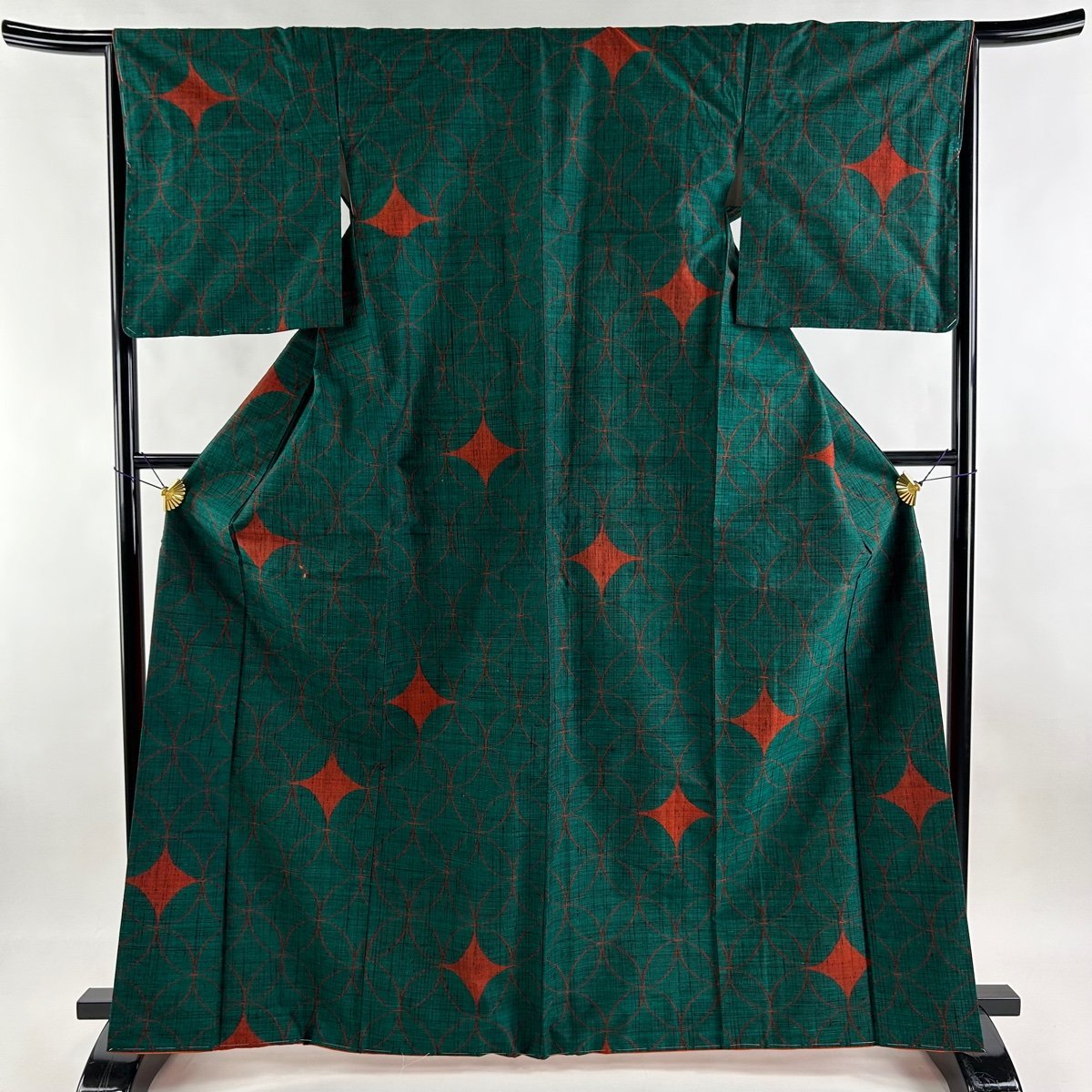 紬 身丈167cm 裄丈66cm M 袷 七宝繋ぎ 緑 正絹 美品 優品 【中古 