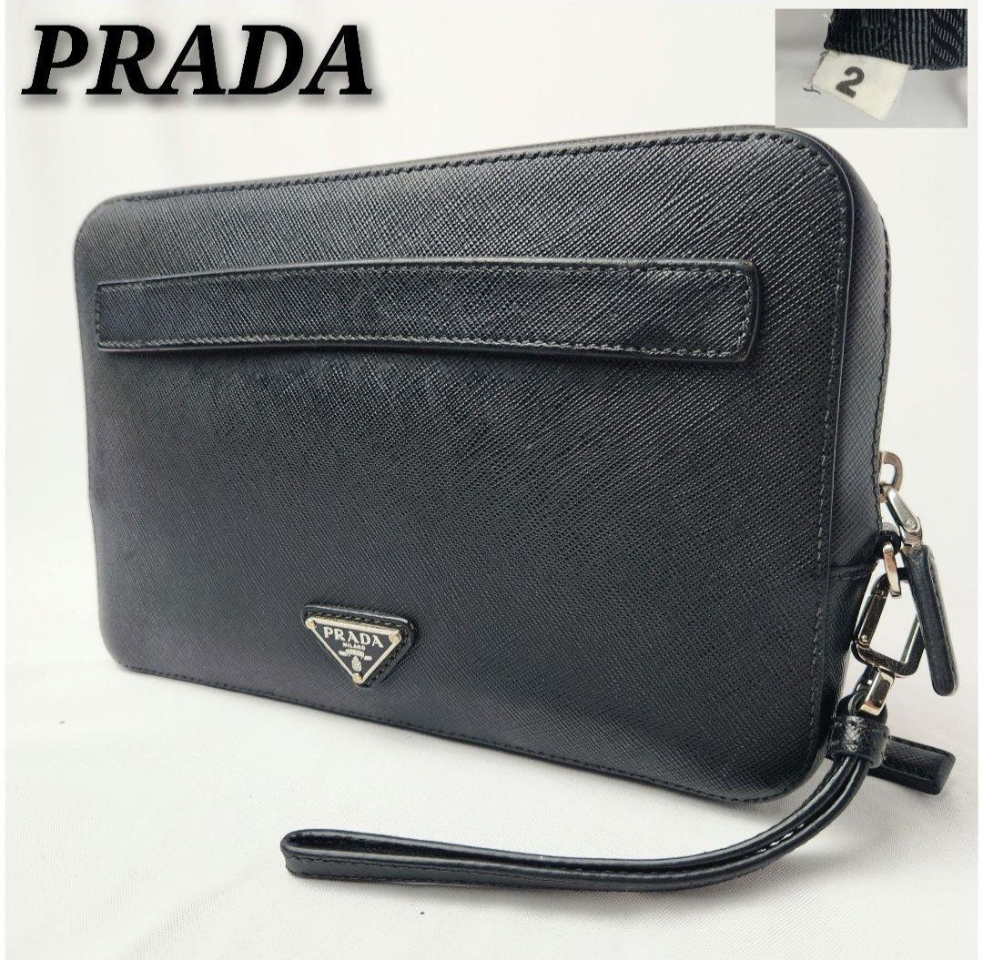 極美品☆PRADA サフィアーノレザー 三角プレート クラッチバッグ 