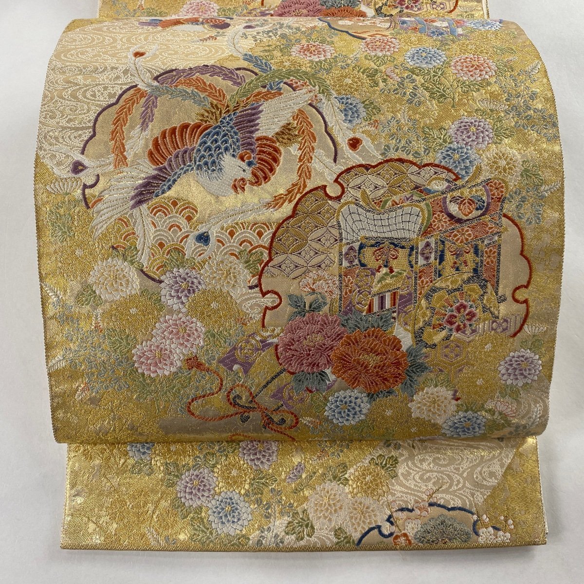 袋帯 金糸 秀品 箔 美品 六通 正絹 御所車 中古 金色 草花 雪輪 菊