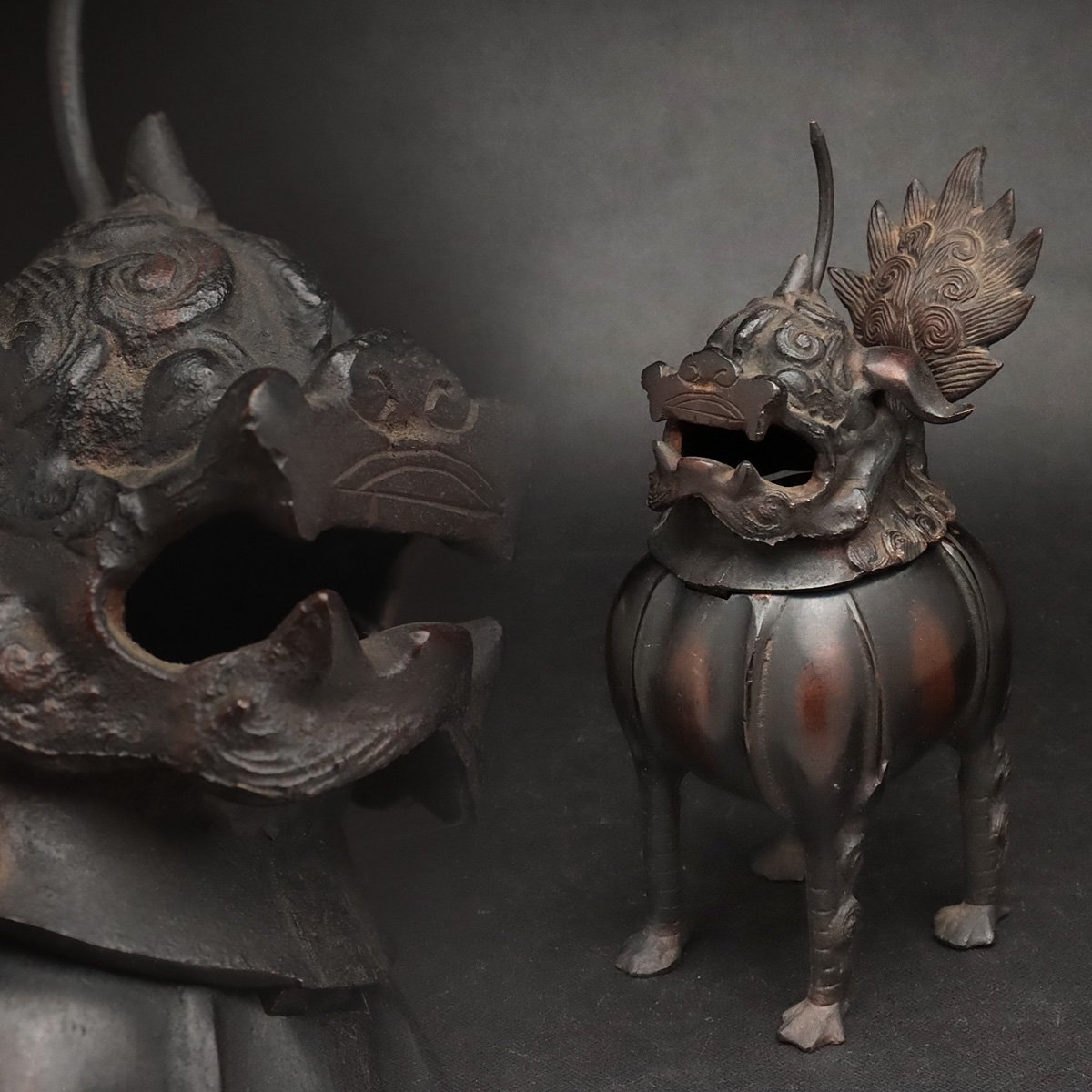 UT045 時代 古銅 獅子香炉・独角獸薫香炉 高17.5cm 重650g・独