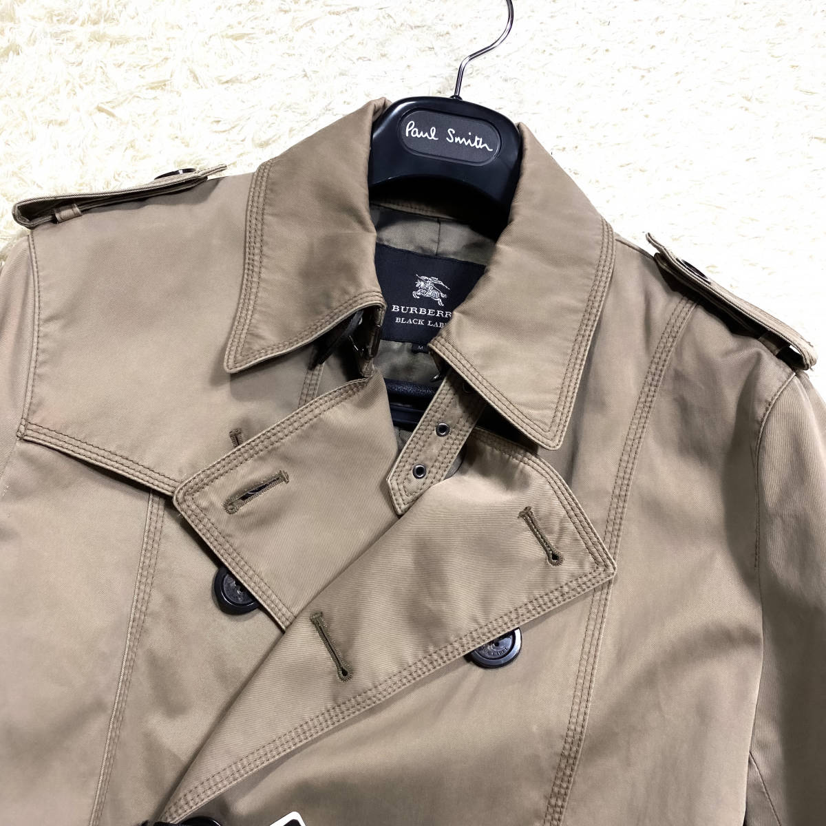 絶版美品BURBERRY BLACKLABELナポレオントレンチコートL~Mロゴ刻印釦