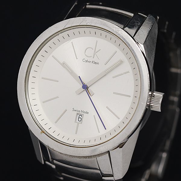 1円 稼動 良品 カルバンクライン QZ デイト ラウンド シルバー文字盤 NMR メンズ腕時計 MTM 3837000