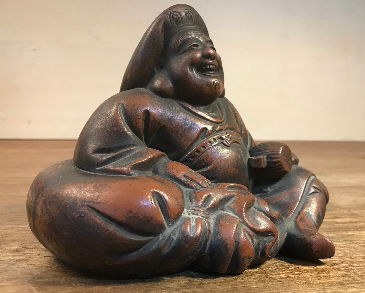 SS-1718■送料込■大黒天 大黒様 備前焼 陶芸 置物 七福神 縁起物 開運 招福 金運 金属製 インテリア アンティーク レトロ 791g/くATら