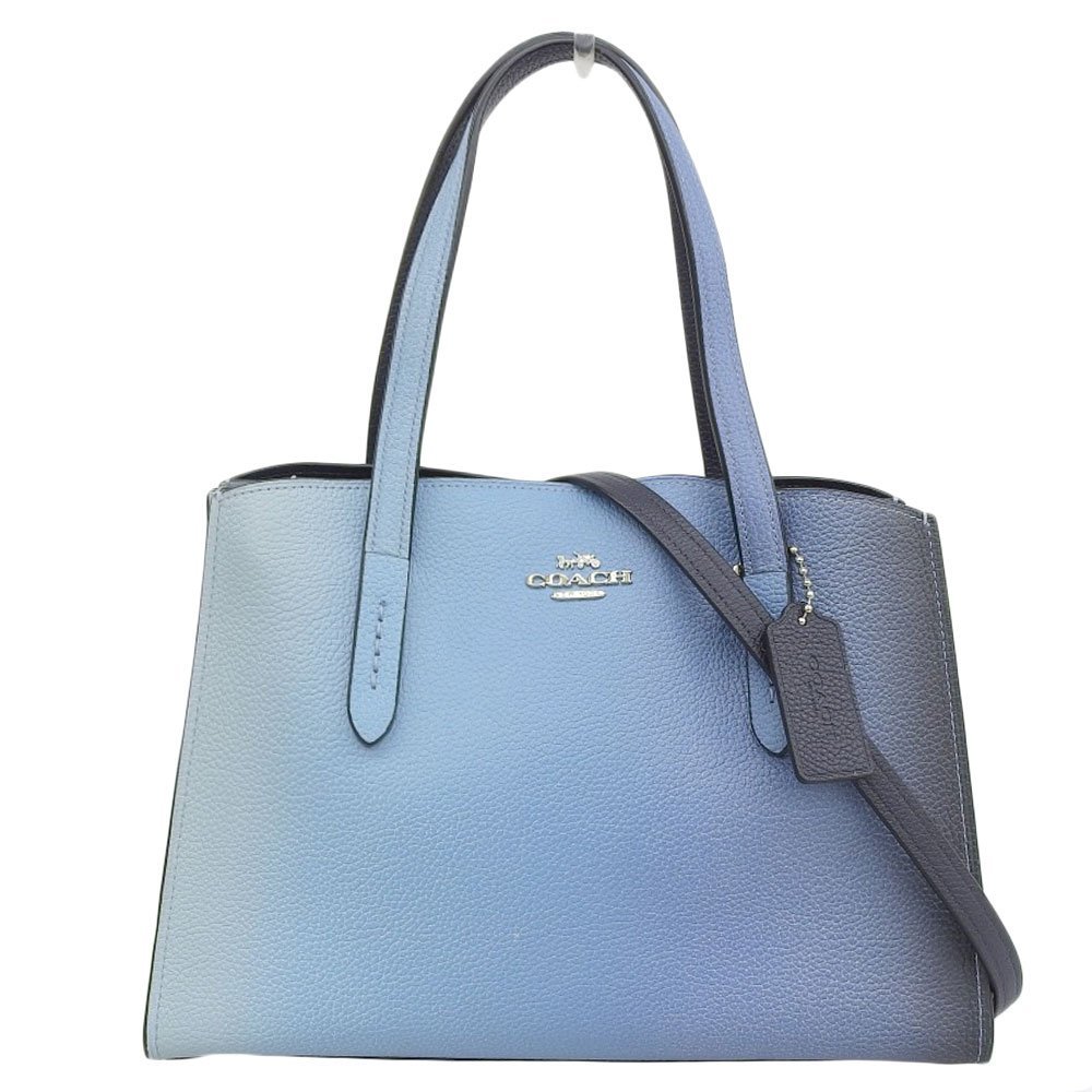 中古】 コーチ トートバッグ F17661 レザー ネイビーグレー系 メタリック シルバー金具 クロコ型押し 肩掛け COACH バック　紺、グレー色　中古品