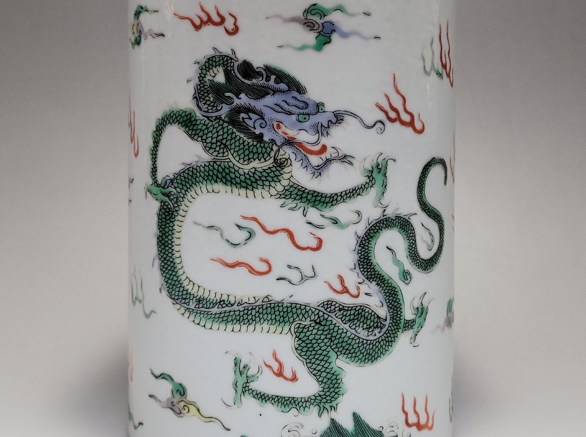 色絵 双龍紋 筆筒 時代唐物 高さ約14.9cm / 書道具 書画
