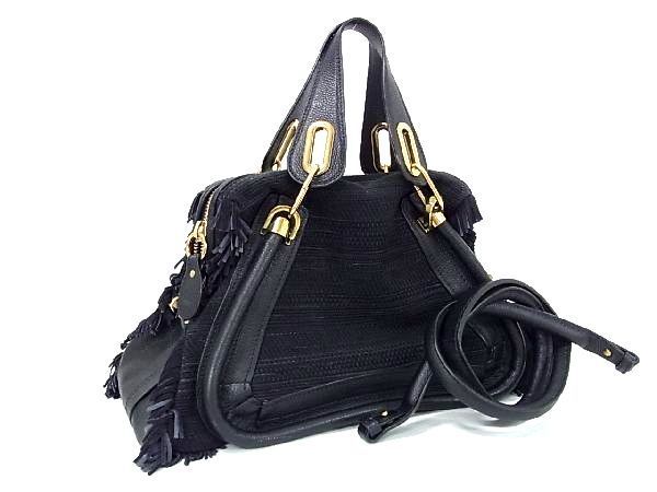 1円 ■美品■ Chloe クロエ パラティ キャンバス×レザー フリンジ 2WAY ハンドバッグ ショルダー トート レディース ブラック系 AV0751