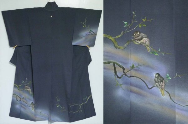 【KIRUKIRU】現代呉服 訪問着 着物 身丈160cm 正絹 一つ紋 蔦紋 闇夜に佇むフクロウ柄 グレー地 お洒落 和装 着付け