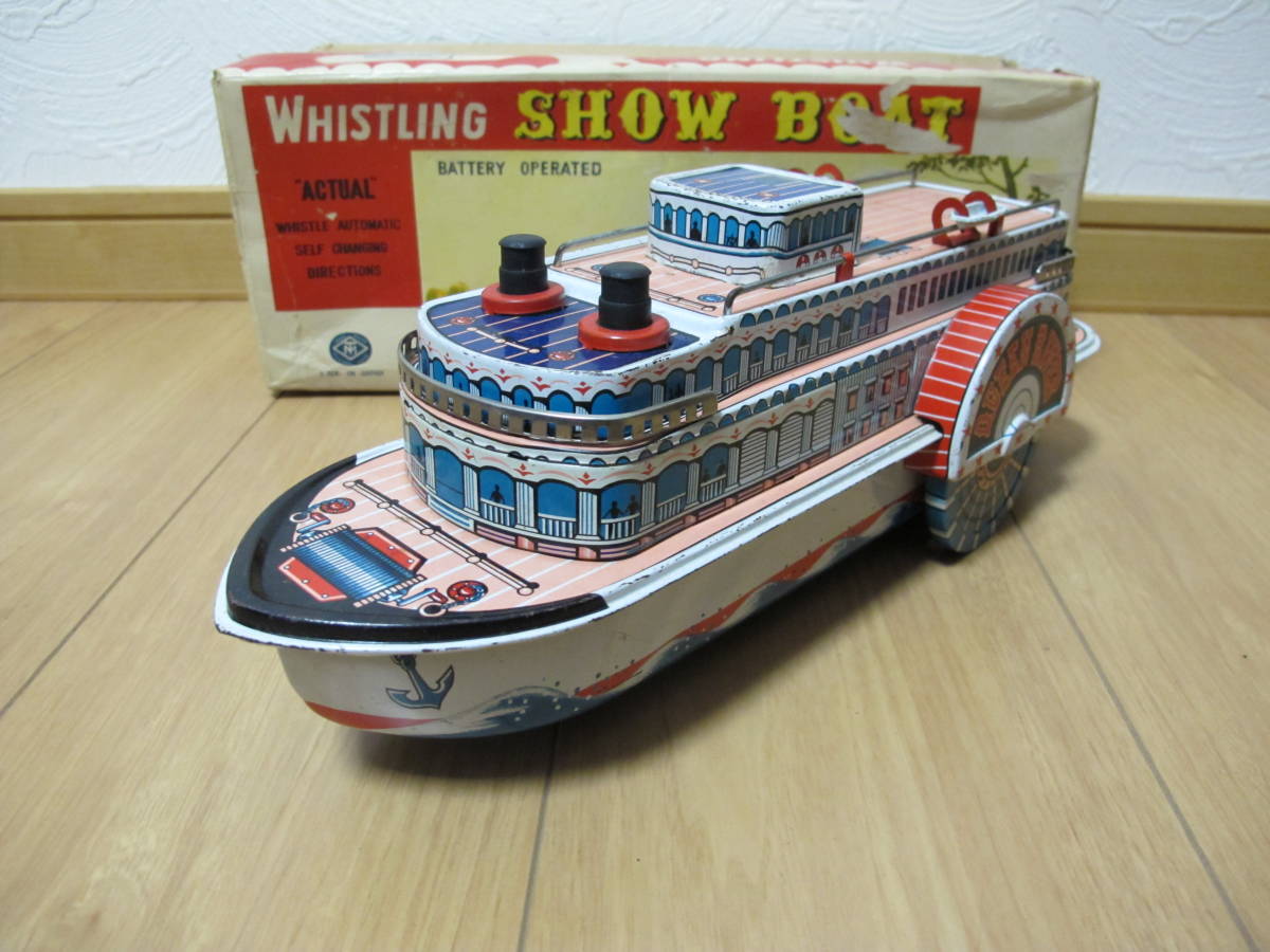 当時物　マスダヤ　SHOW　BOAT　ブリキ船　作動確認済み　ミステリーアクション　昭和レトロ　元箱付　長さ約35㎝×高さ約12，5×幅約11