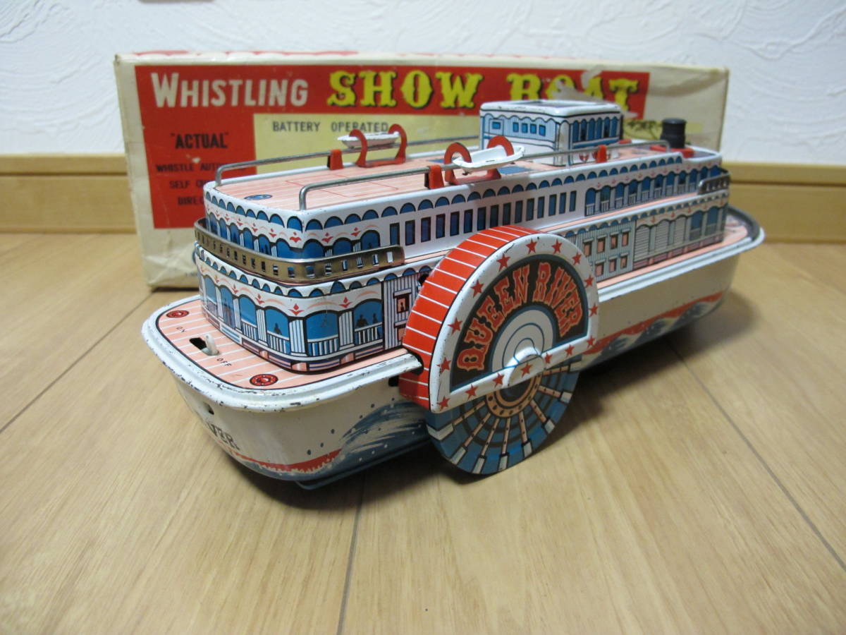 当時物　マスダヤ　SHOW　BOAT　ブリキ船　作動確認済み　ミステリーアクション　昭和レトロ　元箱付　長さ約35㎝×高さ約12，5×幅約11