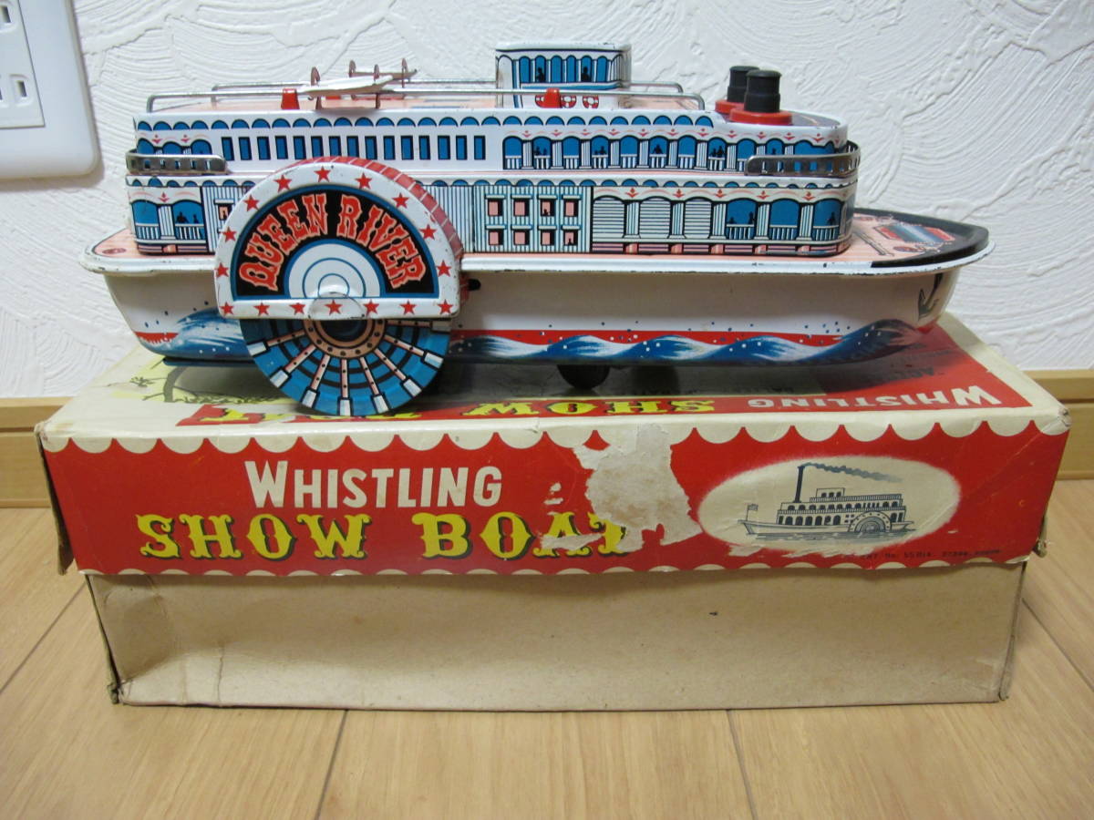 当時物　マスダヤ　SHOW　BOAT　ブリキ船　作動確認済み　ミステリーアクション　昭和レトロ　元箱付　長さ約35㎝×高さ約12，5×幅約11