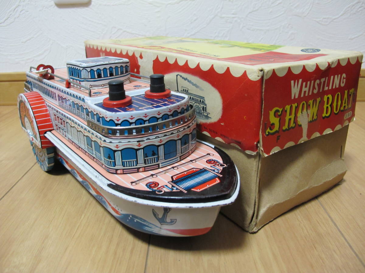 当時物　マスダヤ　SHOW　BOAT　ブリキ船　作動確認済み　ミステリーアクション　昭和レトロ　元箱付　長さ約35㎝×高さ約12，5×幅約11