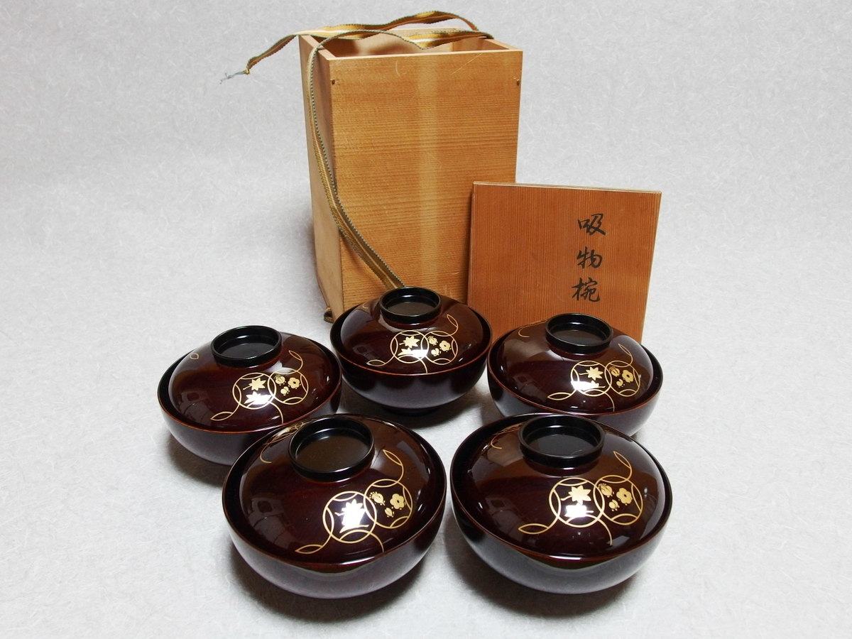 高級漆器 象彦【 平安 象彦 金彩蒔絵 吸物椀 五客揃 】共箱 共布袋 茶