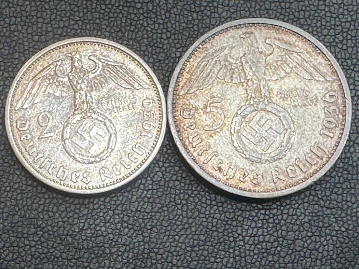 ドイツ/銀貨/1939年A 2マルク・1936年 A 5マルク/ナチス/第三帝国/鉤十字/ハーケンクロイツ　管理2247