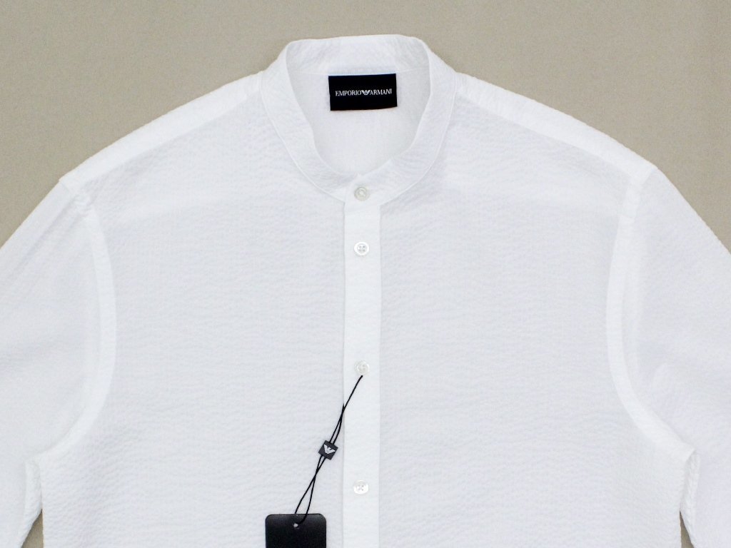 6万新品◆XL◆EMPORIOアルマーニ 白コットンシアサッカー スタンドカラー長袖シャツ 1円