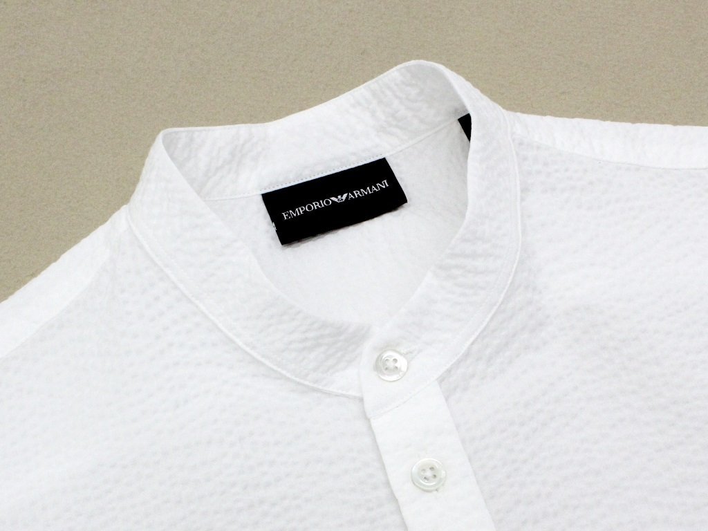 6万新品◆XL◆EMPORIOアルマーニ 白コットンシアサッカー スタンドカラー長袖シャツ 1円