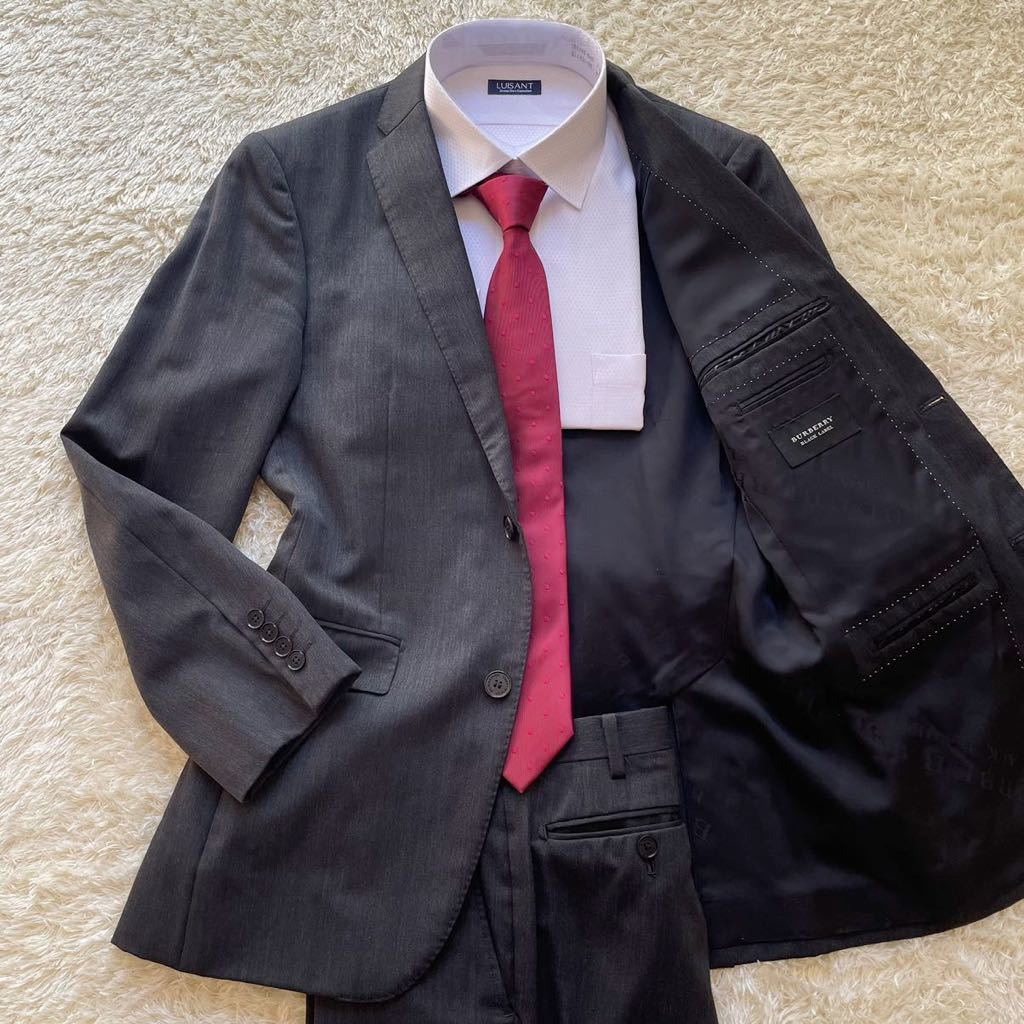 極美品 バーバリーブラックレーベル【紳士の風格】BURBERRY BLACK LABEL メンズ スーツ セットアップ 38 Mサイズ 2B チャコールグレー 総裏