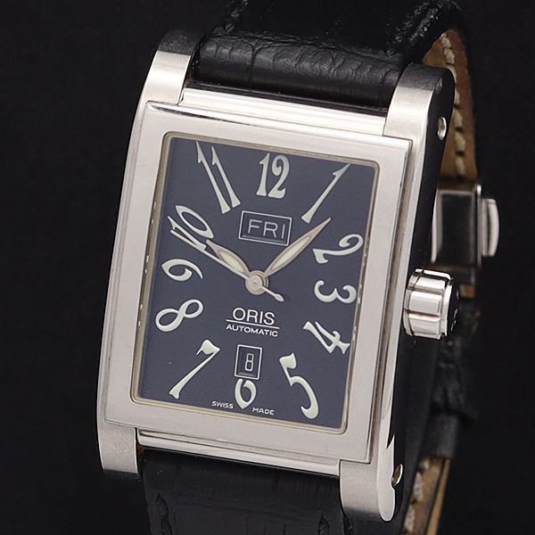 1円 稼働 良品 箱付 オリス AT/自動巻 585-7525- 40-02 マイルス レクタンギュラー 黒文字盤 デイデイト メンズ腕時計 3119600KNK