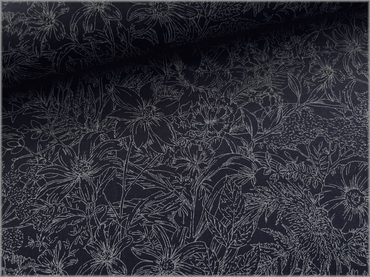 mets☆9m*線画ボタニカル*ブロード*navy*草花柄*コットン生地A3 New