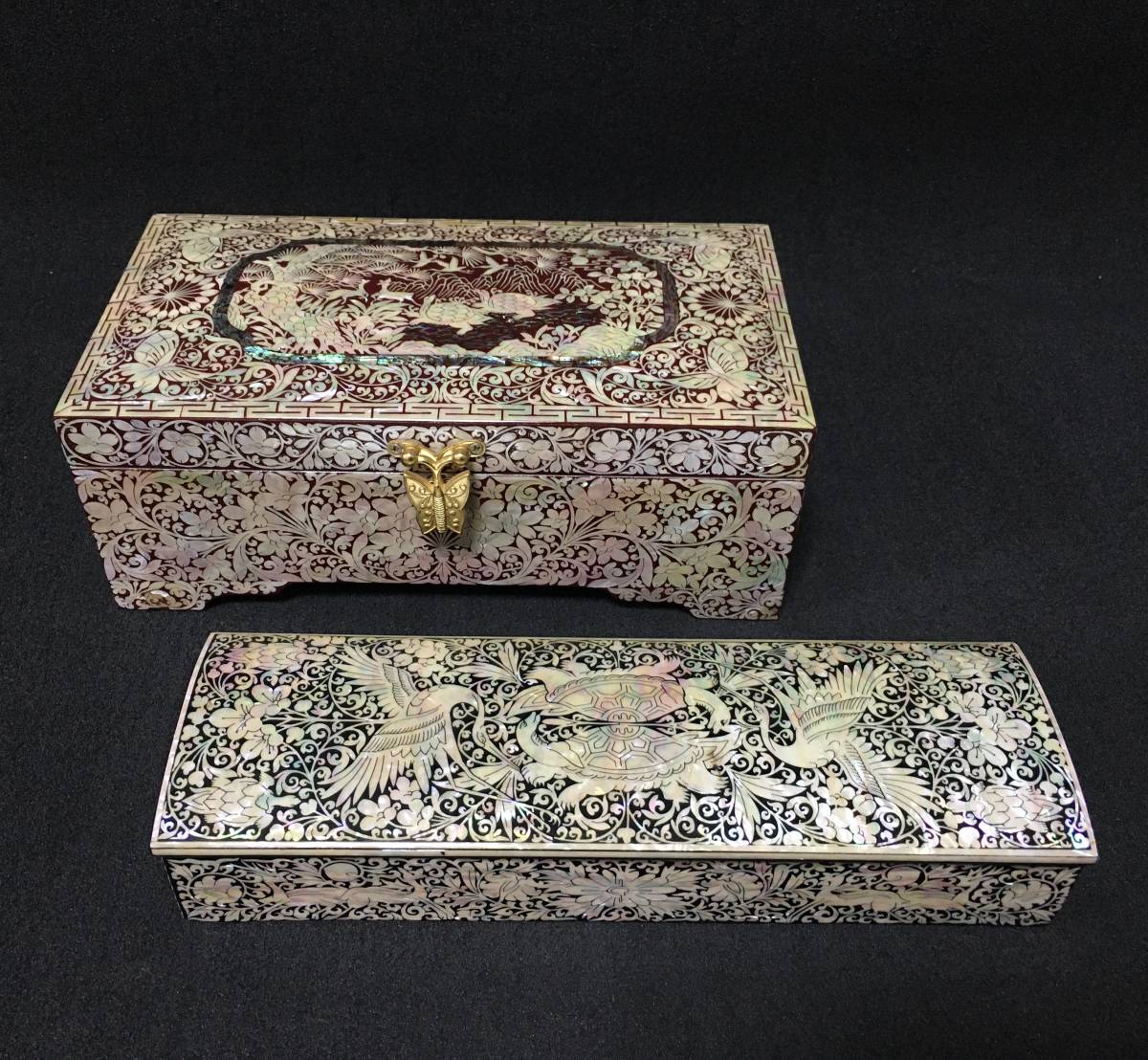 螺鈿 宝石箱 韓国 【B289】螺鈿　漆器　工芸品　ジュエリーボックス　アクセサリー　小物入れ　箸ケース　鶴亀　吉祥文　